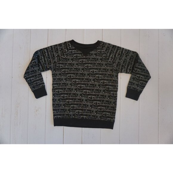 Champion All Over Logo Crewneck Sweatshirt Black - Size XL - Picture 1 of 6